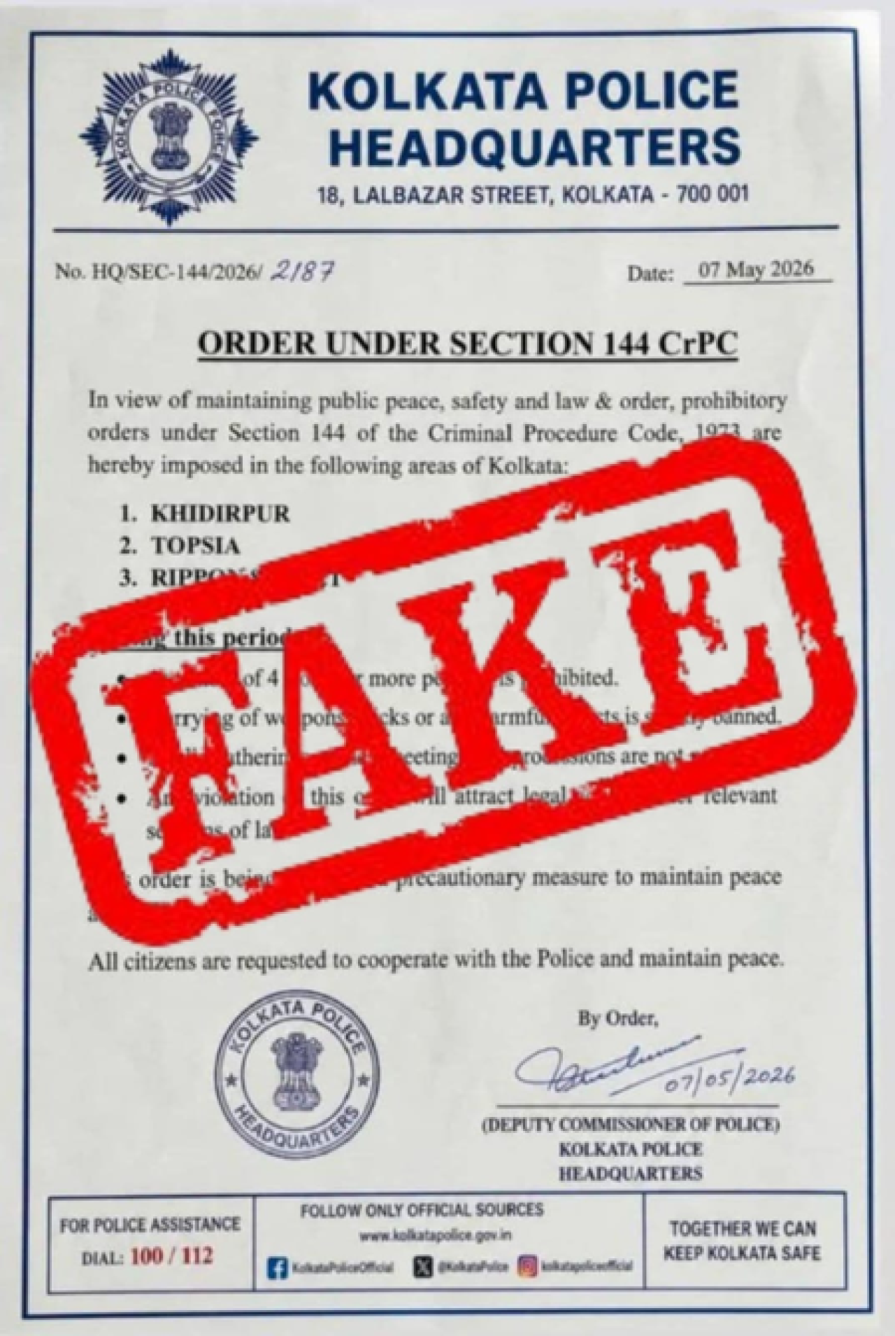 Kolkata Police Denies Fake Advisory on Section 144