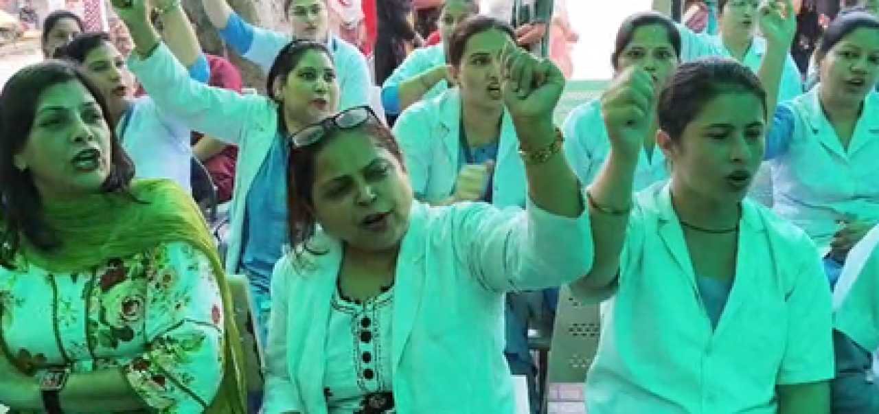 Nurses Strike in Karnal Demands Dismissal of Haryana Women’s Commission Chairperson